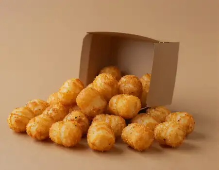 Golden Brown Tater Tots in Open Cardboard Box