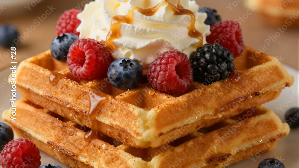 Stack of Golden Waffles with Fresh Berries and Whipped Cream