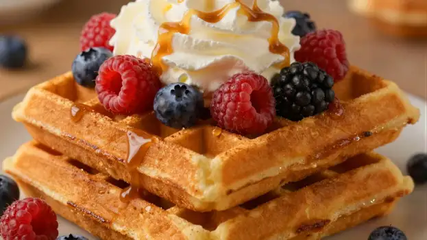 Stack of Golden Waffles with Fresh Berries and Whipped Cream