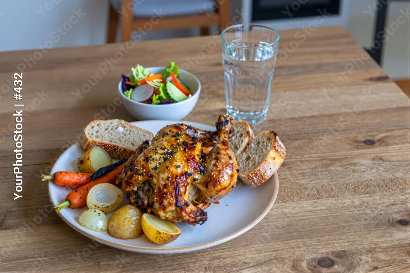 Roasted Chicken with Vegetables on Wooden Table