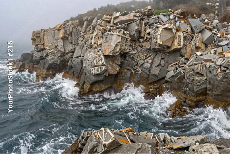 Ocean Rock Formation with Debris boulders waves