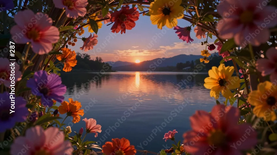 Serene Lake at Sunset with Reflective Sky and Colorful Flowers