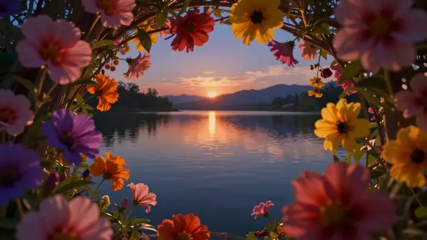 Serene Lake at Sunset with Reflective Sky and Colorful Flowers