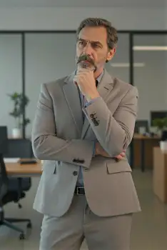Middle-aged man in office deep in thought thoughtful business man