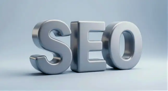 SEO Letters 3D Rendering metallic shiny light blue