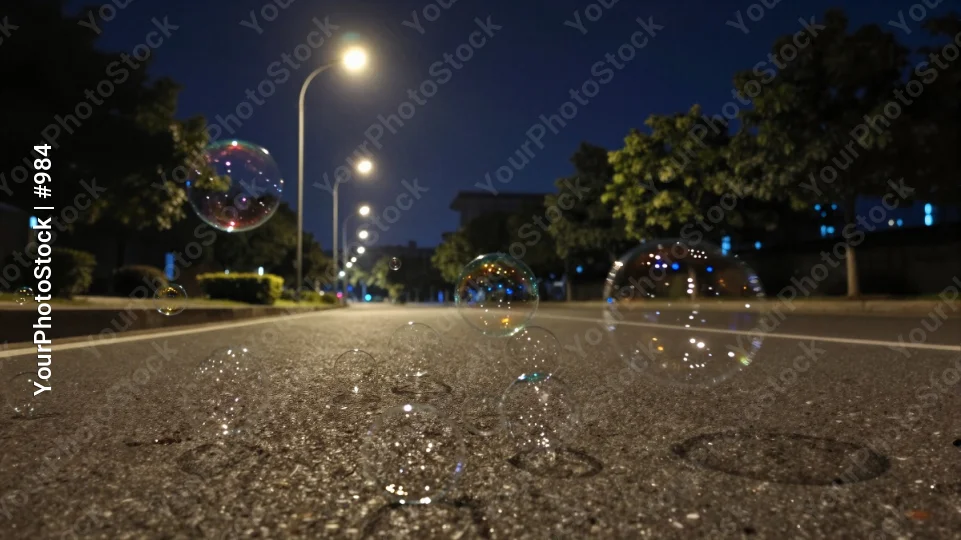 Night Street with Floating Soap Bubbles trees