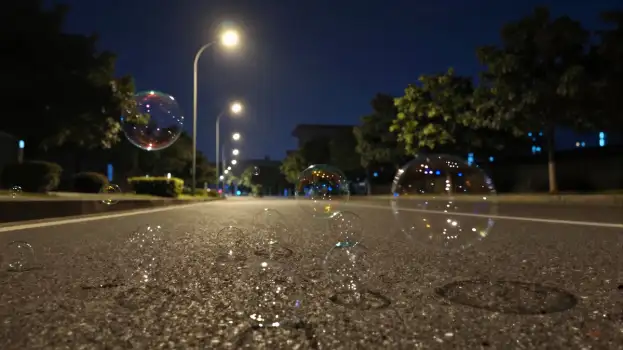 Night Street with Floating Soap Bubbles trees