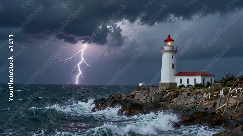 Stormy Lighthouse on Rocky Shore lightning people
