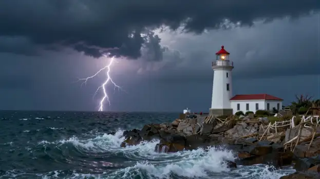 Stormy Lighthouse on Rocky Shore lightning people