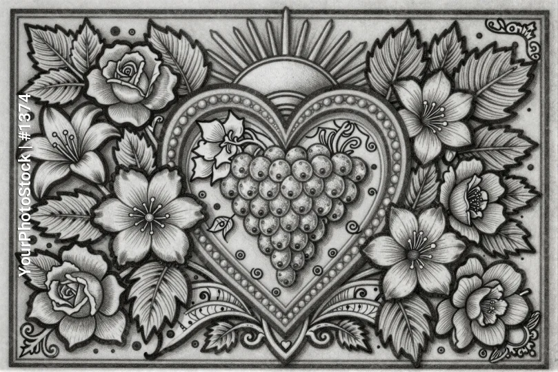 Heart Shaped Design with Grapes and Flowers roses