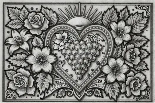 Heart Shaped Design with Grapes and Flowers roses