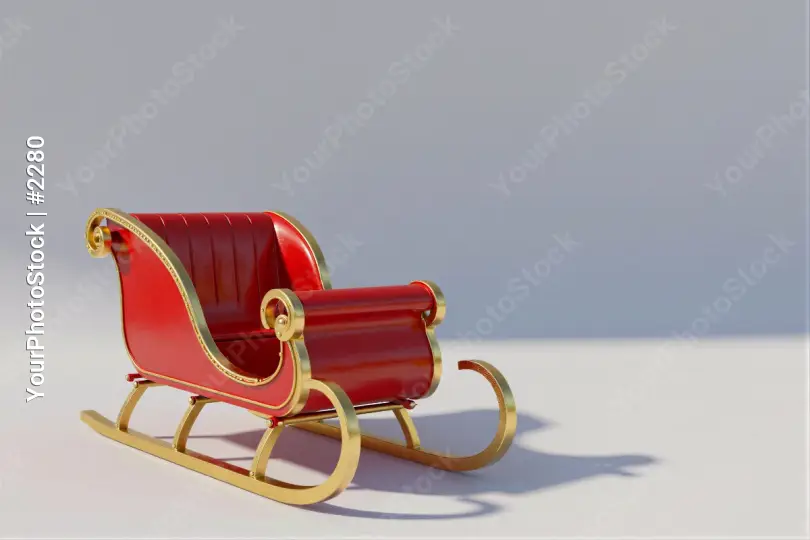 Red and gold decorative Christmas sleigh on white background