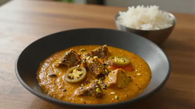 Indian Curry on Wooden Table meat vegetables spices