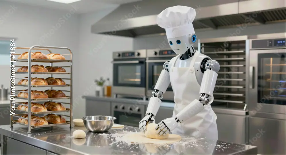 Robot Chef in Modern Kitchen baking bread rolls