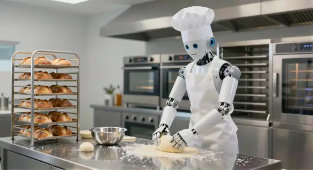 Robot Chef in Modern Kitchen baking bread rolls