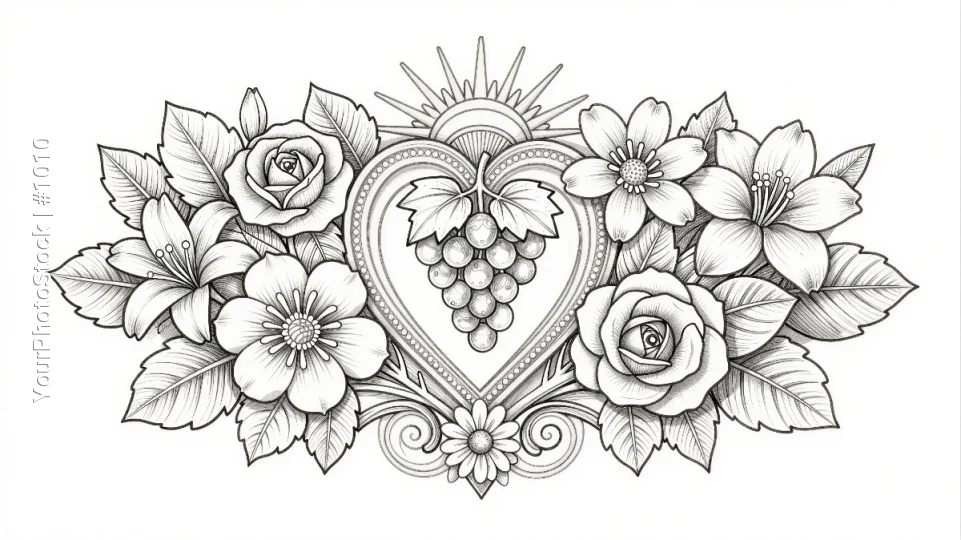 Heart Design with Grapes and Flowers roses daisies coloring