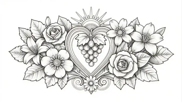 Heart Design with Grapes and Flowers roses daisies coloring