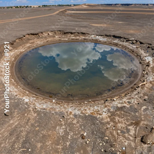 Circular Mud Puddle Reflecting Sky in Open Field
