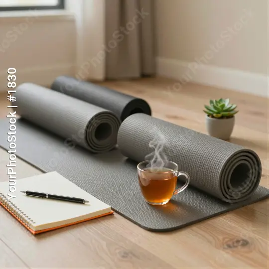 Yoga Mats and Accessories on Wooden Floor textured