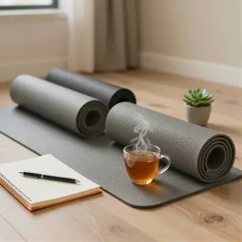 Yoga Mats and Accessories on Wooden Floor textured