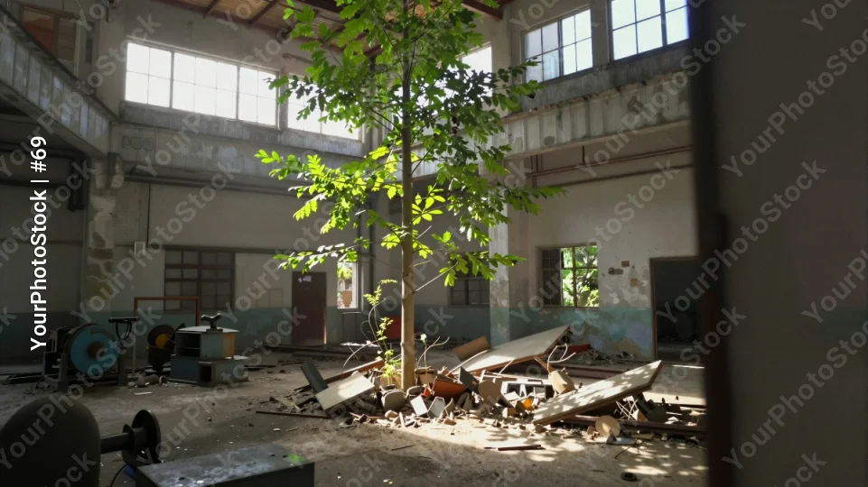 Abandoned Building with Tall Tree disrepair broken windows