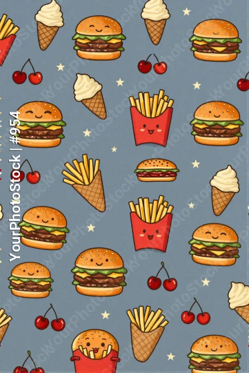 Fast Food Seamless Pattern with Burgers and Ice Cream