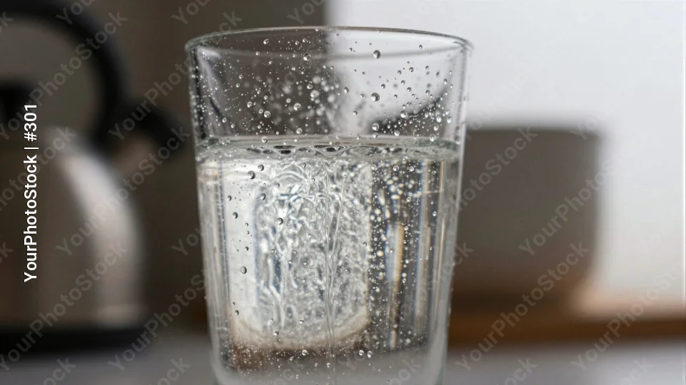 Glass of Water with Bubbles on Kitchen Countertop