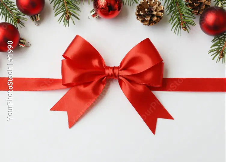 Red Ribbon with Bow and Christmas Ornaments flat lay gift