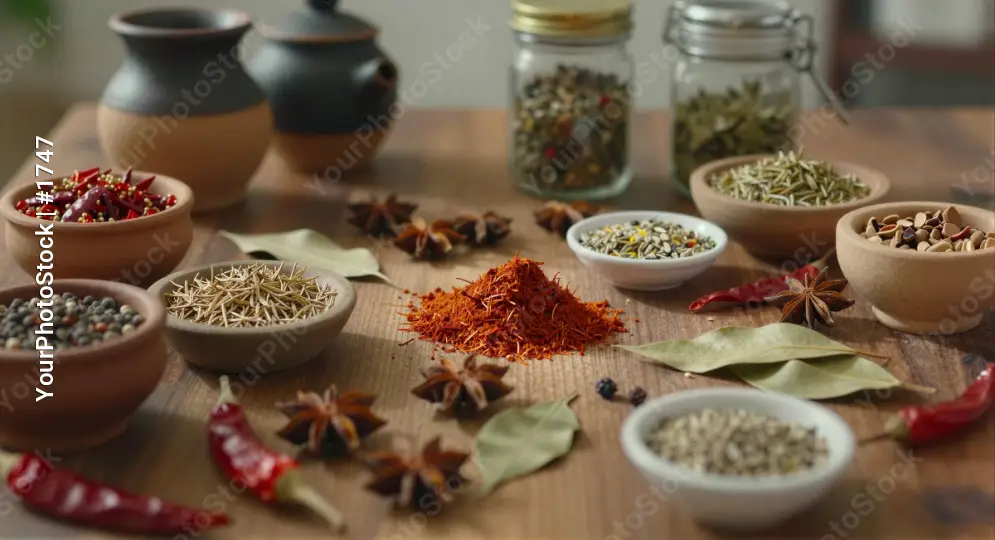 Wooden Table with Spices and Herbs kitchen cuisine