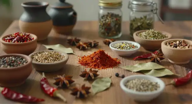Wooden Table with Spices and Herbs kitchen cuisine