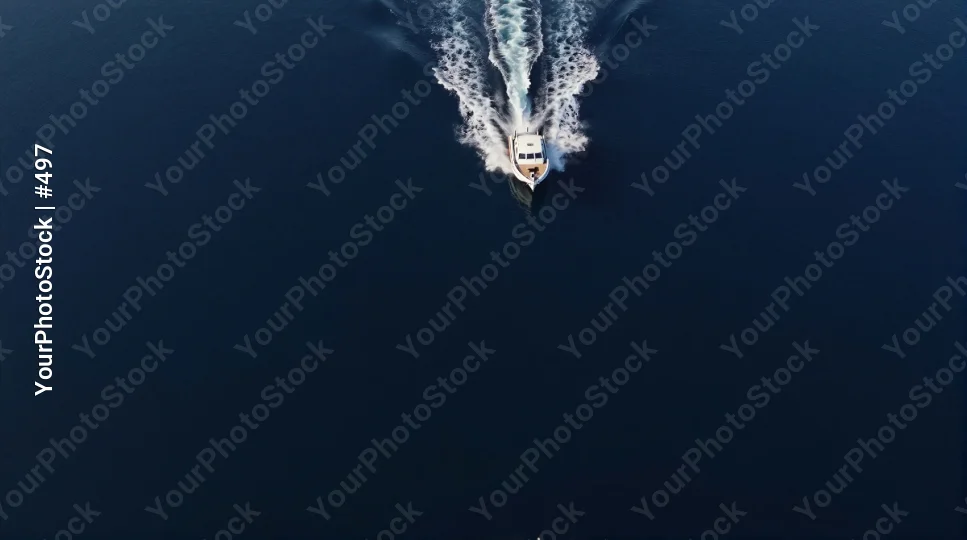 Fast-moving white boat with wake in deep blue ocean