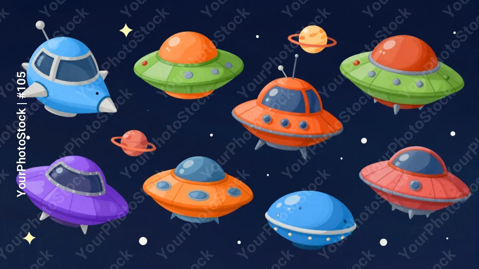 6 Cartoon Flying Saucers in Space ufo illustration