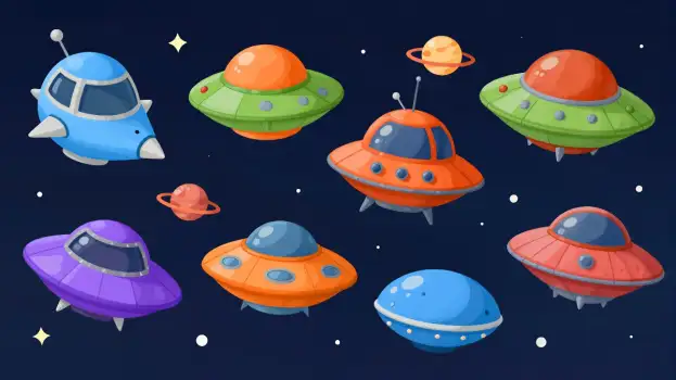 6 Cartoon Flying Saucers in Space ufo illustration