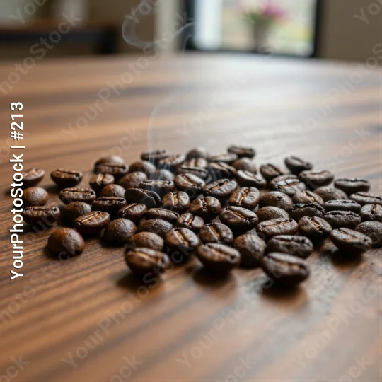 Dark Brown Coffee Beans on Wooden Table freshly roasted