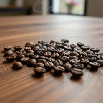 Dark Brown Coffee Beans on Wooden Table freshly roasted