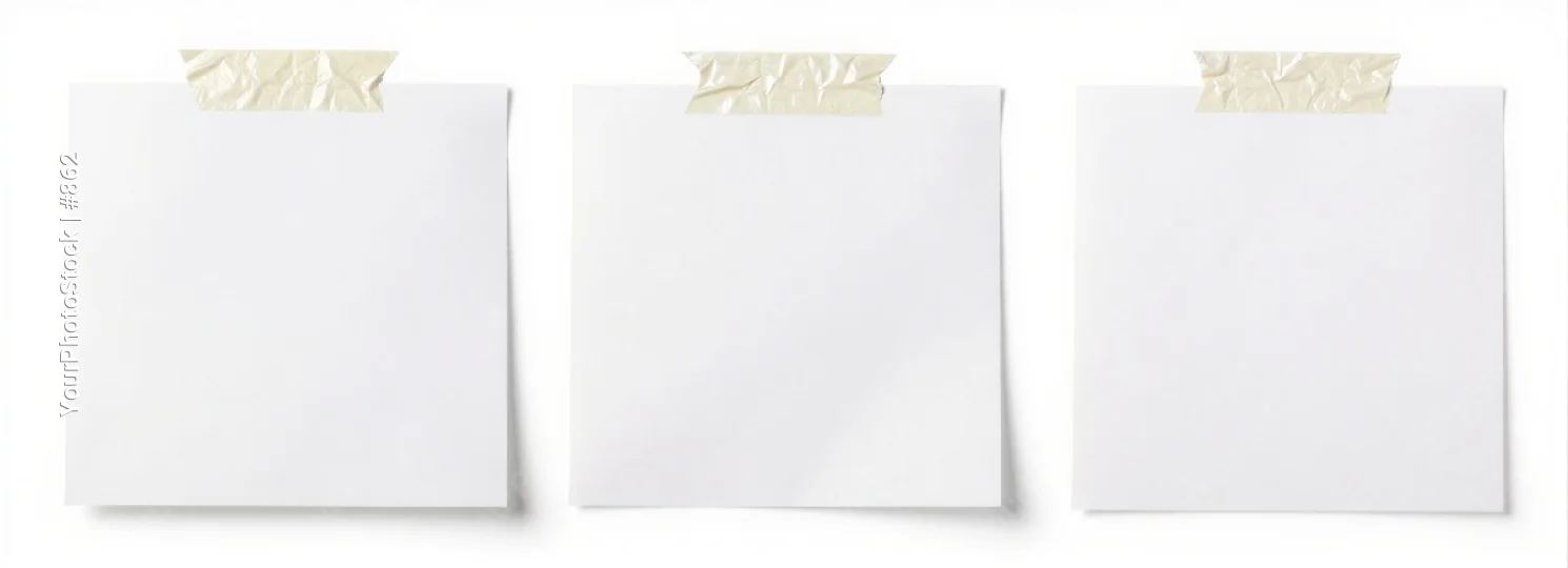 Three White Sheets of Paper with Gold Tape in Triangular Formation sticky note