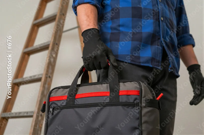 Person Carrying Duffel Bag with Ladder checkered shirt worker