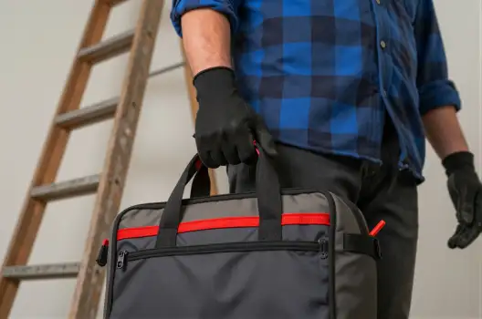 Person Carrying Duffel Bag with Ladder checkered shirt worker