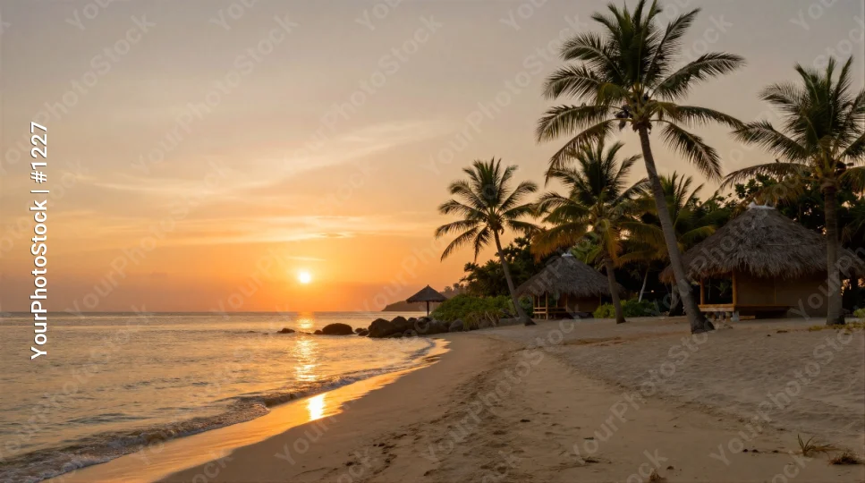Tropical Beach Sunset palm trees thatched roofs