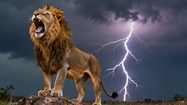 Lion Roaring on Rock stormy lightning powerful