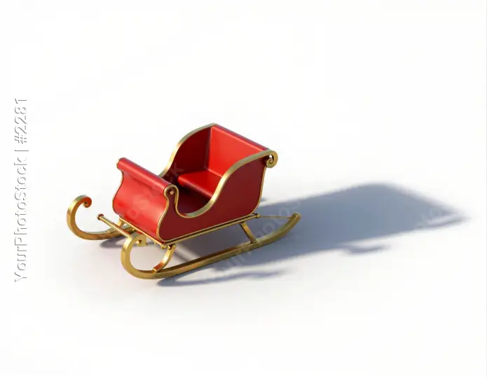 Red and gold miniature Santa Claus sleigh on white