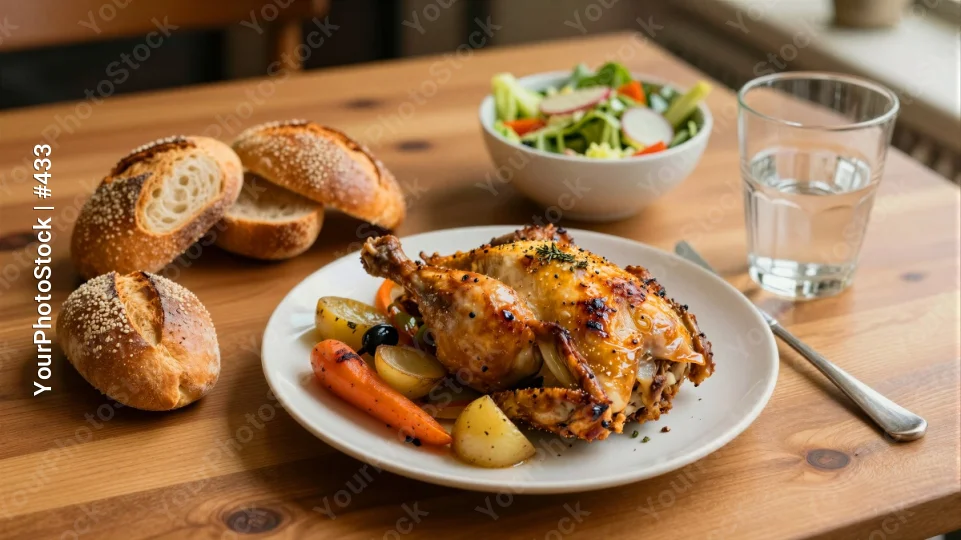 Roasted Chicken on Plate with Salad and Bagels