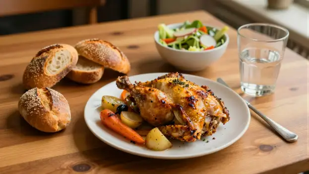 Roasted Chicken on Plate with Salad and Bagels