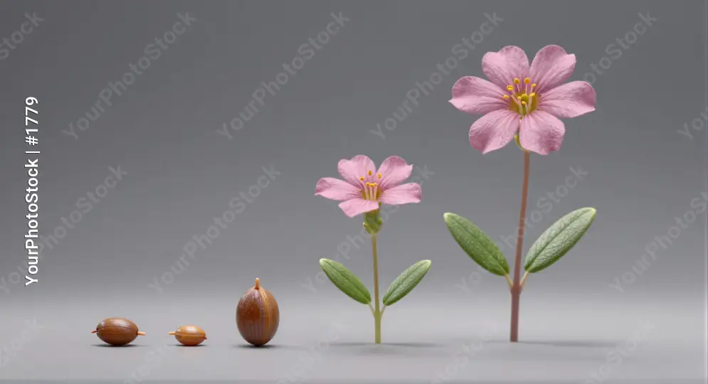 Three Pink Flowers with Green Leaves on Grey Background