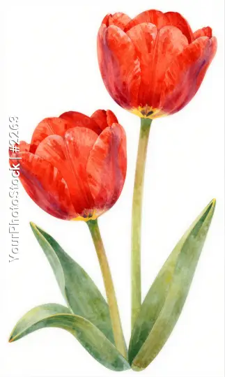 Red Tulips in Full Bloom Watercolor Illustration