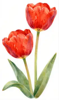 Red Tulips in Full Bloom Watercolor Illustration