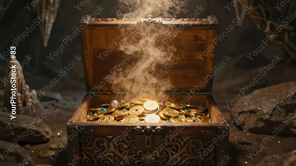 Open Wooden Chest Revealing Gold Coins in Cave Setting