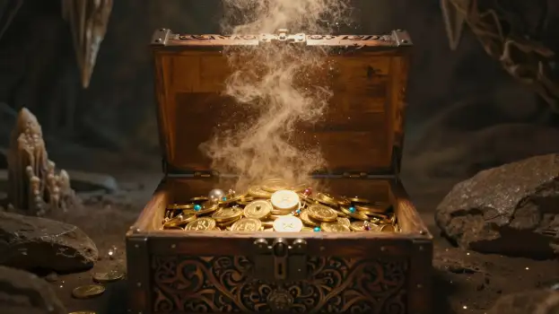 Open Wooden Chest Revealing Gold Coins in Cave Setting