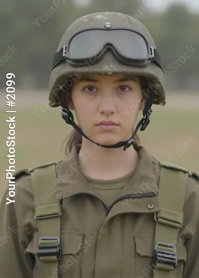 serious military woman in green helmet goggles