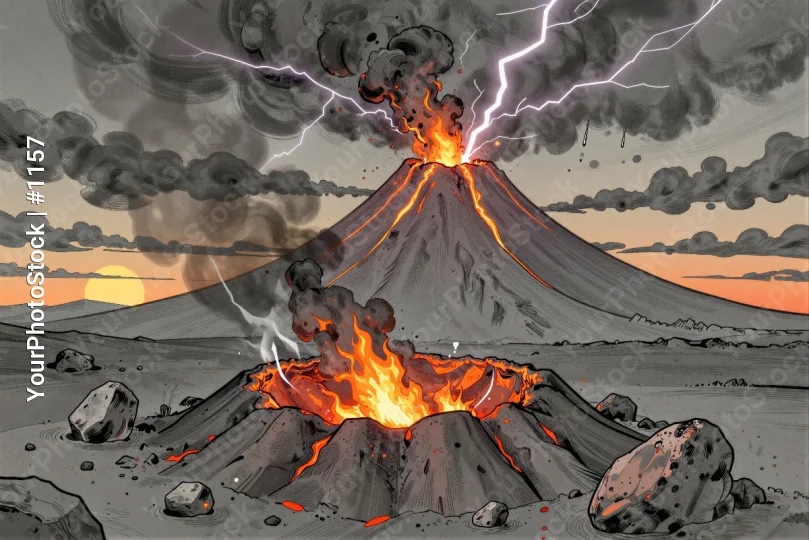 Volcano Erupting with Lava Flow digital illustration